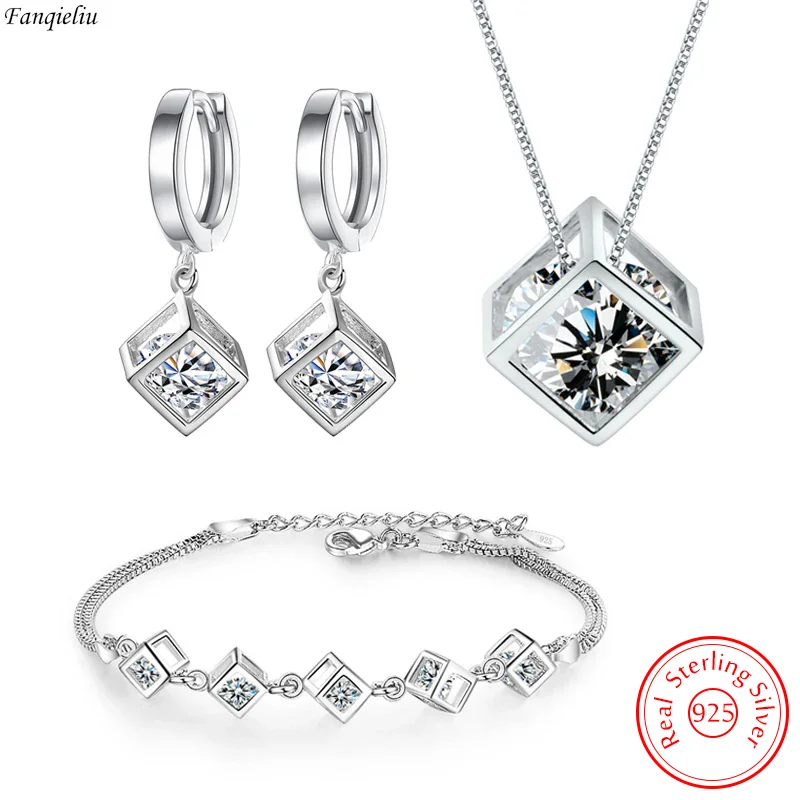 Silver Jewelry Set Jewelry Set Silver Jewelry Crystal Jewelry Set Fanqieliu Real 925 Sterling Silver Drop Earrings Square Crystal Pendant Necklace Extend Bracelet For Women Jewelry Sets FQL22087