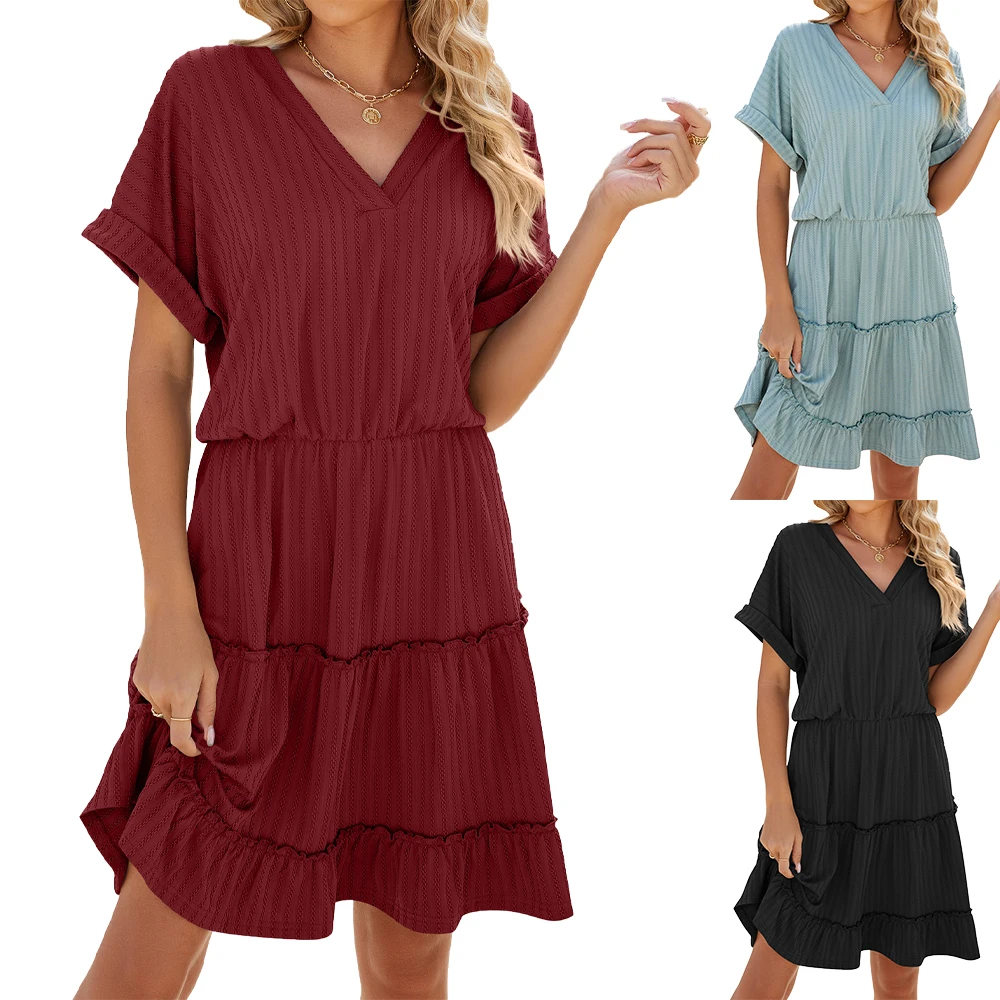 

2024 Dress Spring Summer Women's Sexy V-neck Mini Dress Women High Waist Solid Color Elegant Long Sleeve Ruffle Short Dresses