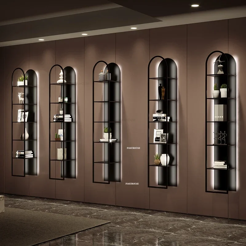 Iron Storage Wine Rack Luxury Bar Furniture Wall-mounted Wine Cabinets with Light Home Display Rack Multi-layer BookshelfN