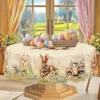 1 Easter Spring Round Tablecloth, 5 Sizes Available, Cross Rabbit Egg Pattern Printed Tablecloth, Edge Embossing Process, Spring Garden Tablecloth Decoration, Tablecloth for Daily Home Kitchen, Terrace Use, Spring Decoration 1