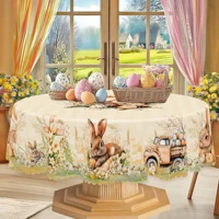 1 Easter Spring Round Tablecloth, 5 Sizes Available, Cross Rabbit Egg Pattern Printed Tablecloth, Edge Embossing Process, Spring Garden Tablecloth Decoration, Tablecloth for Daily Home Kitchen, Terrace Use, Spring Decoration 1