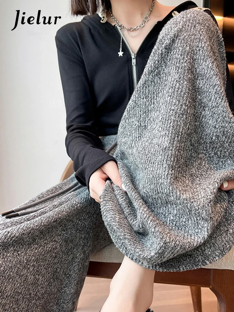 Jielur Grey Loose Knitting Casual Women's Pants High Waist Simple Drawstring Fashion Female Streetwear Pure Color Wide Leg Pants
