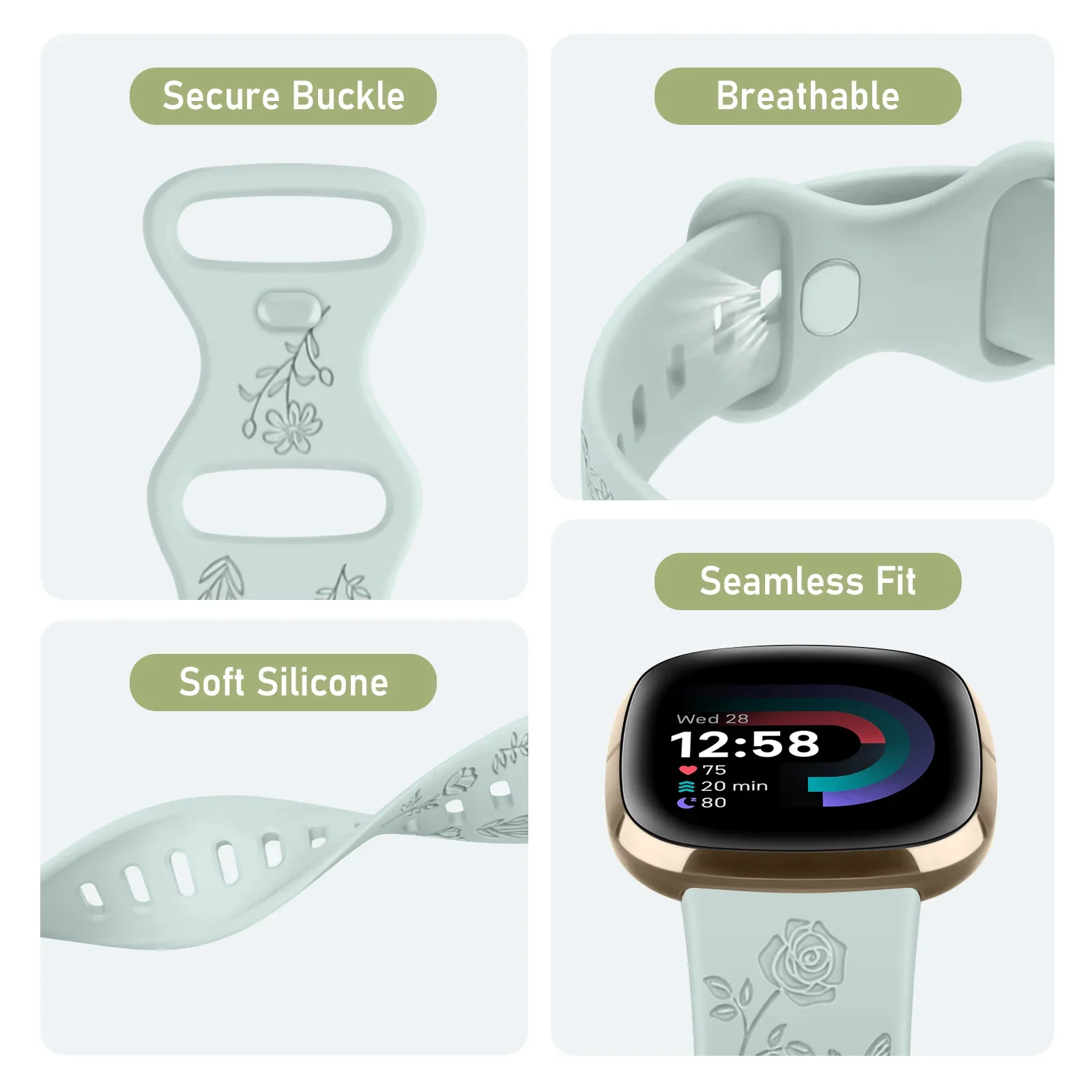 Floral Engraved Soft TPU Sport Smartwatch Band Replacement Strap