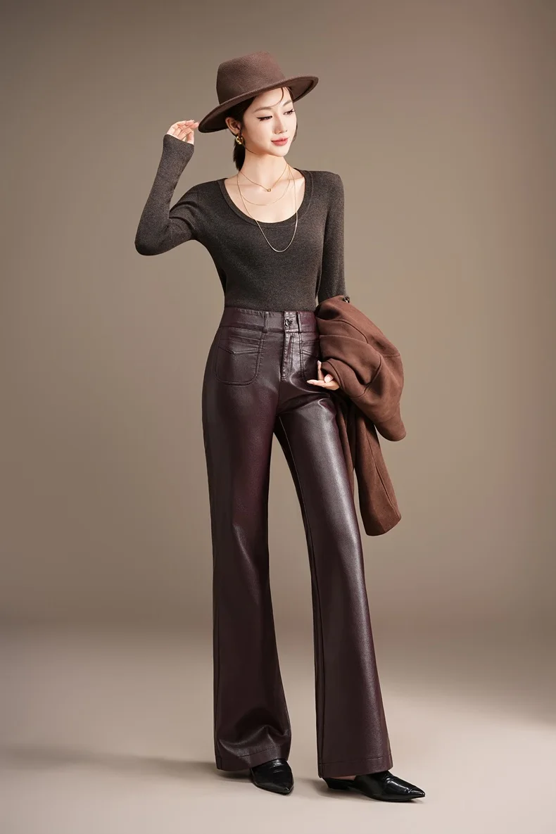 ZUZK Fashion Slimming Pu Leather Flare Pants New Women High Waist Flare Pants PU Leather Trousers Large Size Fashion Warm Pants 80 S66c7175b2b6f4484a9bd8bd556e4031eW