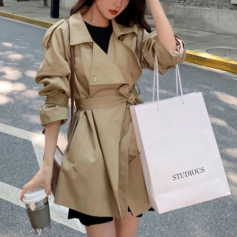 

Autumn New Women Short Trench Coat With Sashes Black Khaki Lapel Long Sleeve Female Windbreaker Outerwear Corta Vento Feminina