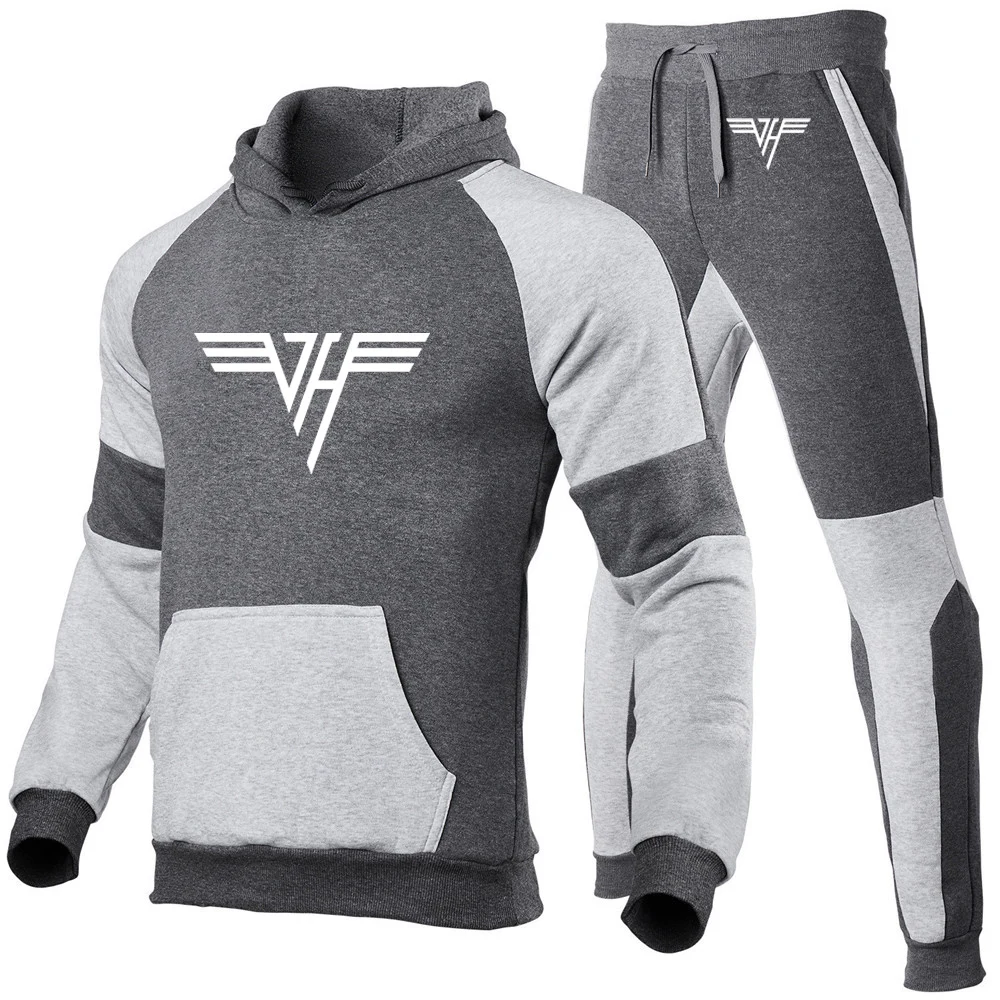 Cotton Patchwork Sports Hoodies and Sweatpants Set for Men