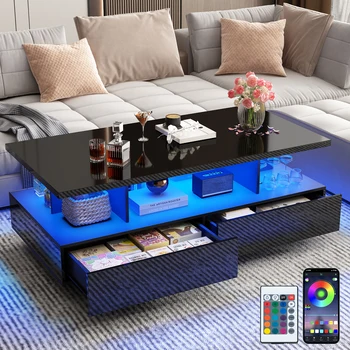 43 Inch LED Coffee Table w/2 Storage Drawers, Modern High Gloss Coffee Table w/Display Shelf, Rectangle 2-Tier Center Table 1
