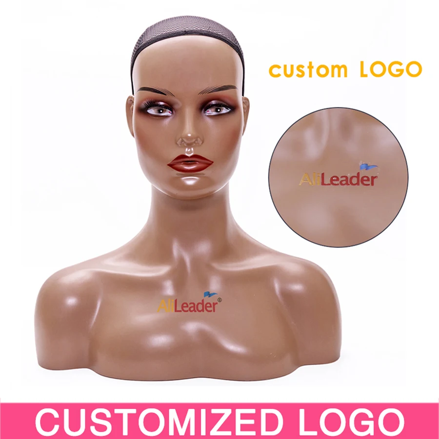 Realistic Mannequin Head With Shoulder Skin Female Wig Display Model Head Dark Brown Beige White Color Doll Head Free Earrings