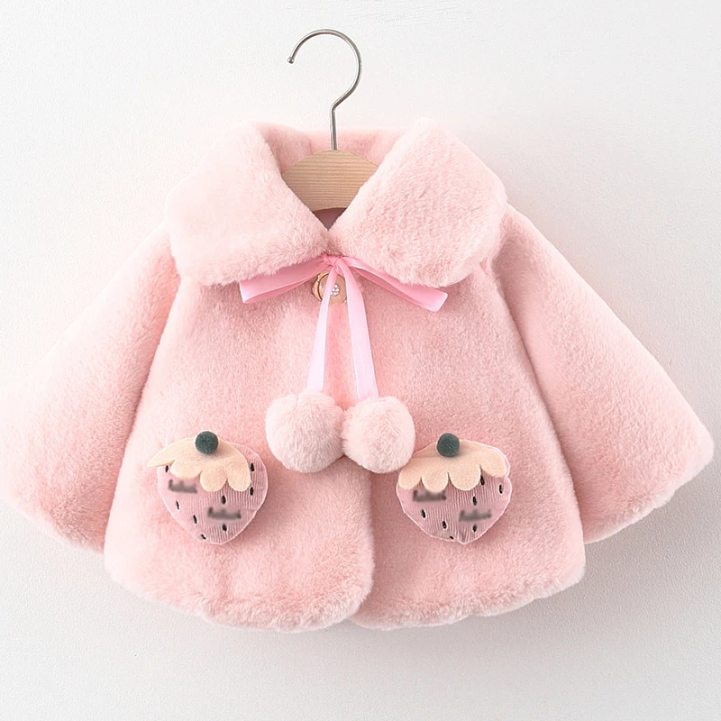 따뜻한 두꺼운 인조 모피 아기 겉옷, 귀여운 딸기 인형 칼라, 유아 소녀 옷, 어린이 재킷 의류, BC1222-1 