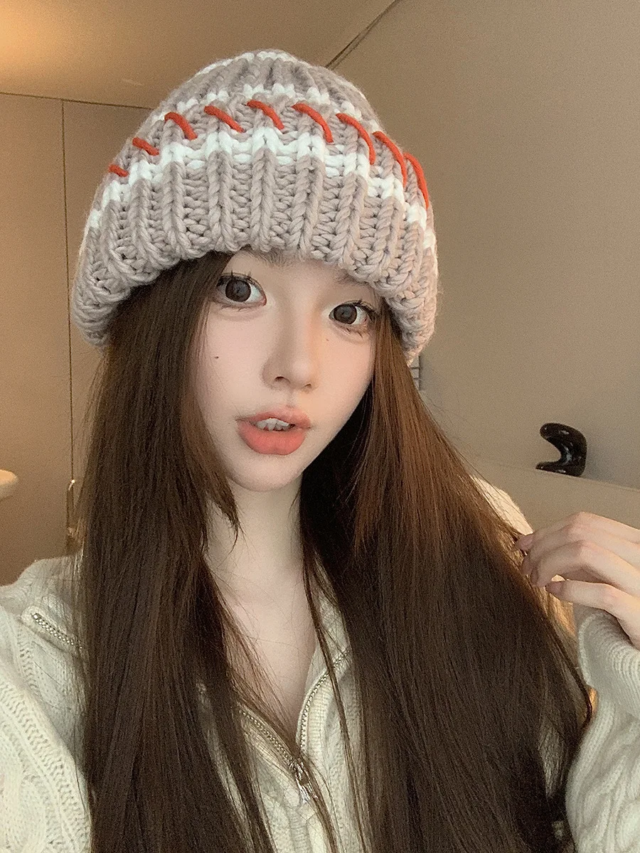 Gebreide beanie muts dames gestreept dik winter warm retro stijl_voghion.com