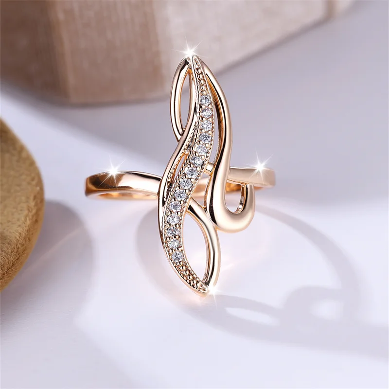 Unique Infinity Rings For Women Geometric Tree Leaf Wedding Bands Champagne Gold Color White Zircon Cocktail Ring Party Jewelry