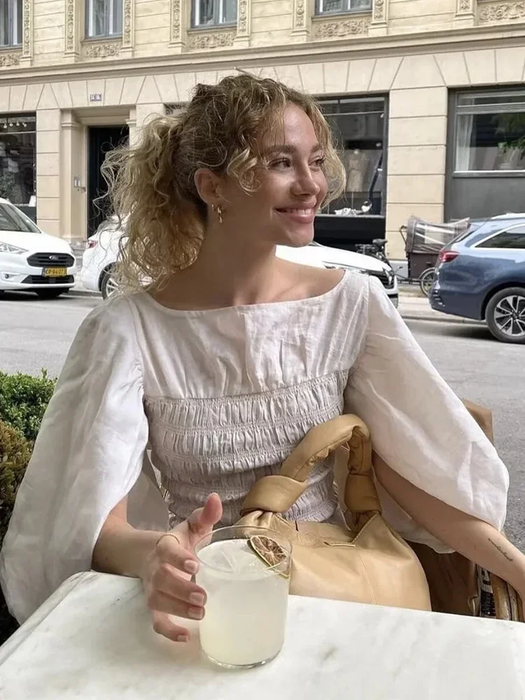 

Chicheca White Summer Linen Women Blouse Off Shoulder Lantern Sleeve Short Blouse Top 2024 Spring Smocked Pelpum Top New