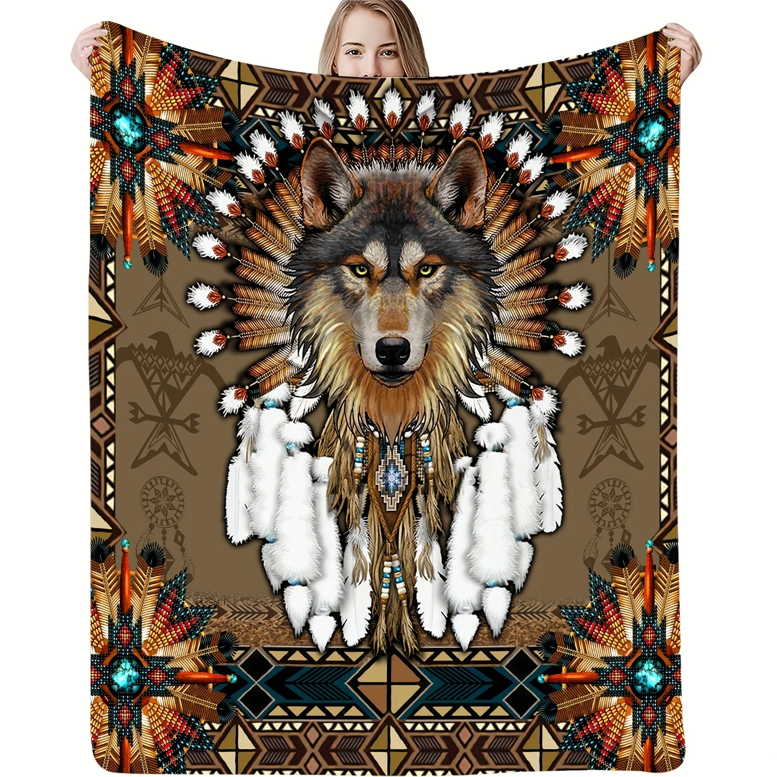 

1pc Dreamcatcher Wolf Print Flannel Blanket, Soft Throw Blanket Nap Blanket For Travel Sofa Bed Office Home Decor, Birthday Holi