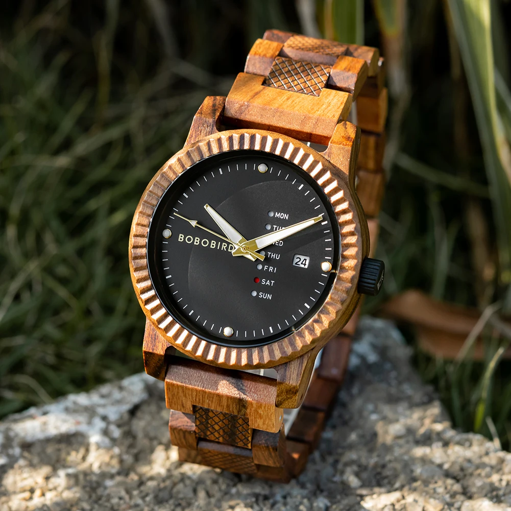 BOBO BIRD Men's Wood Watch Date Week Display Timepieces Quartz Wood Wristwatch For Men Customizable Gifts relogio masculino