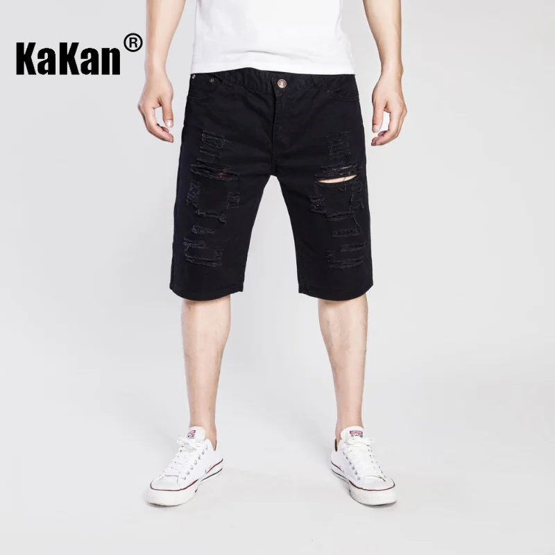 Kakan - Summer New Vintage Perforated Capris Jeans for Men, Royal Blue Red Distressed Washed Casual Jeans K35-F049