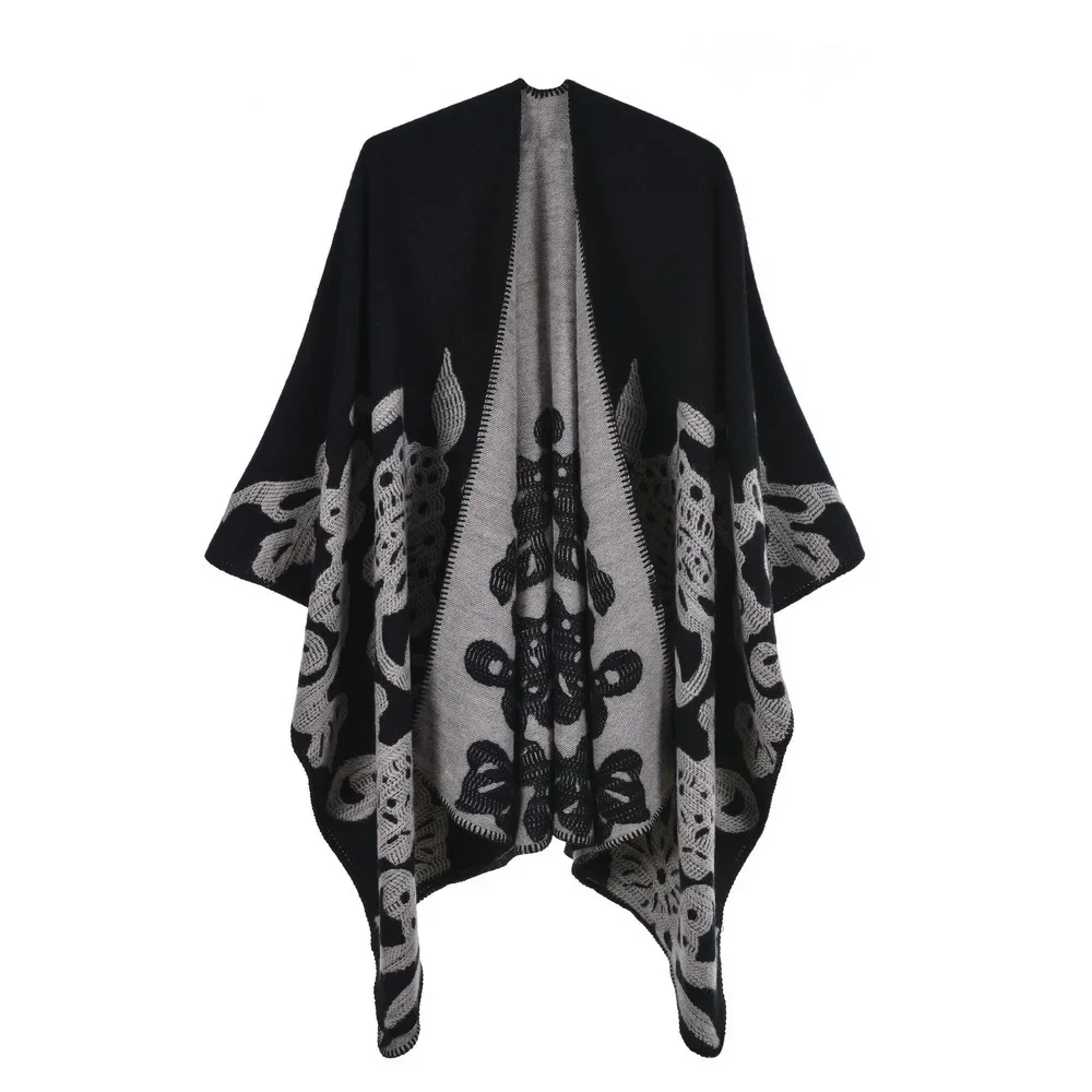 

Autumn Winter Butterfly Jacquard Knitted Shawl Women Keep Warm Imitation Cashmere Poncho Lady Capes Black Gray Cloaks