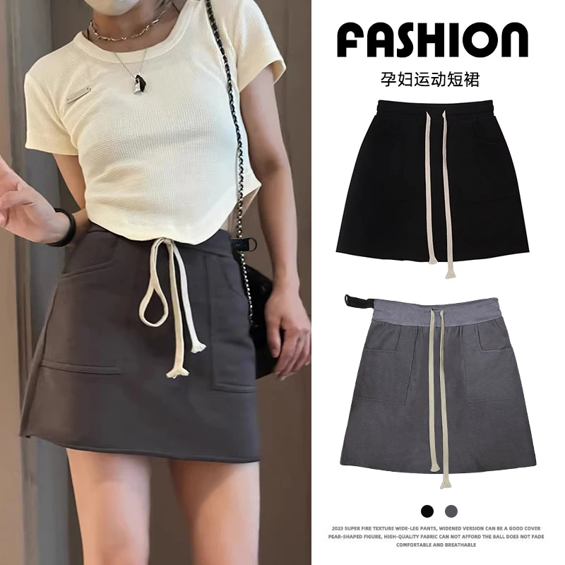 Summer Women's Stretchy Adjustable Waist Skirt Without Pregnancy Belly Support Side Pockets Maternity Mini Skirts A-line Skirt