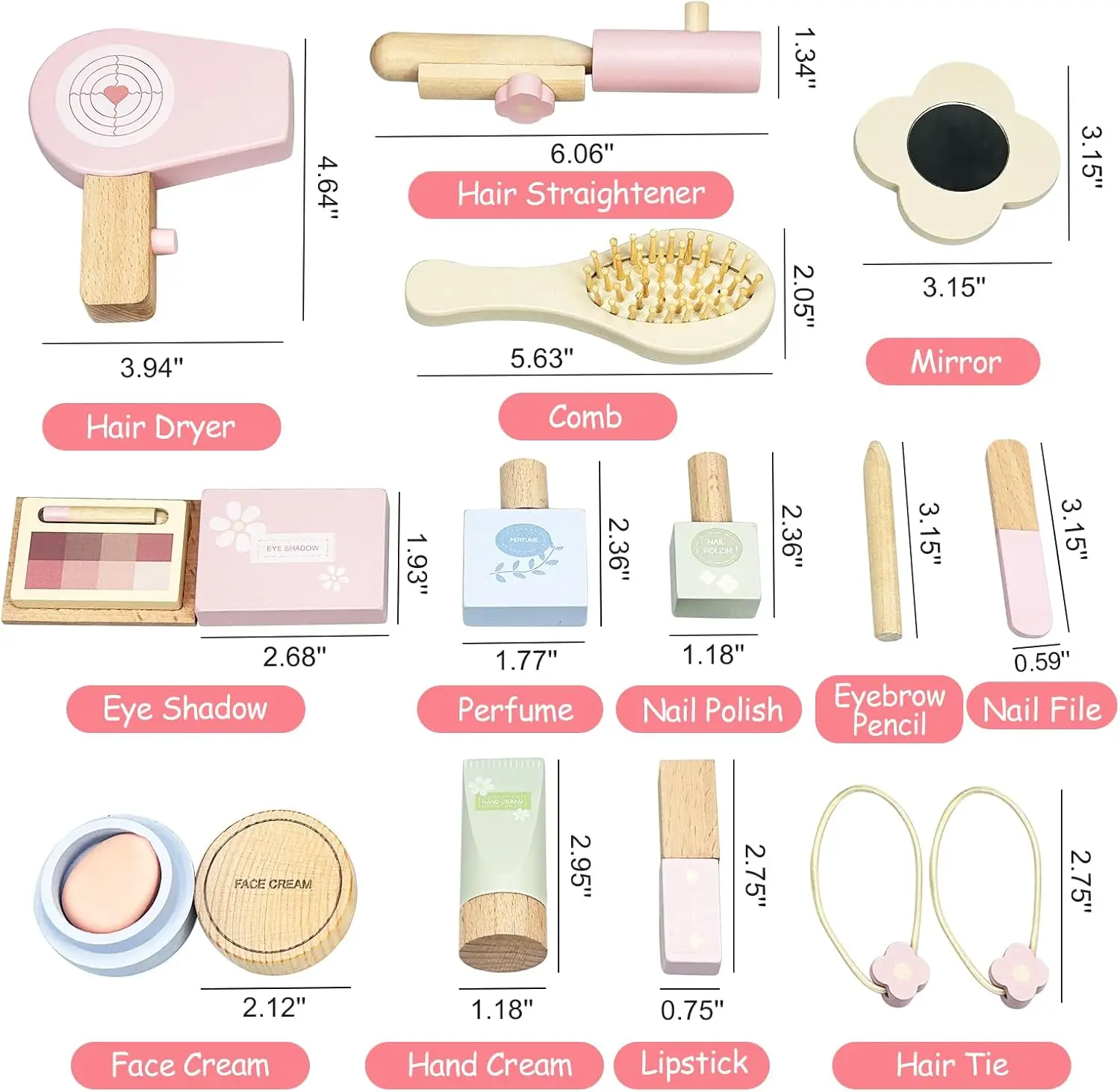 Wooden Vanity Table Toy for Little Girls, Kids Beauty Salon Play Set with Accessories 15 pcs, Pretend Play Toddler Makeup Kit Ta