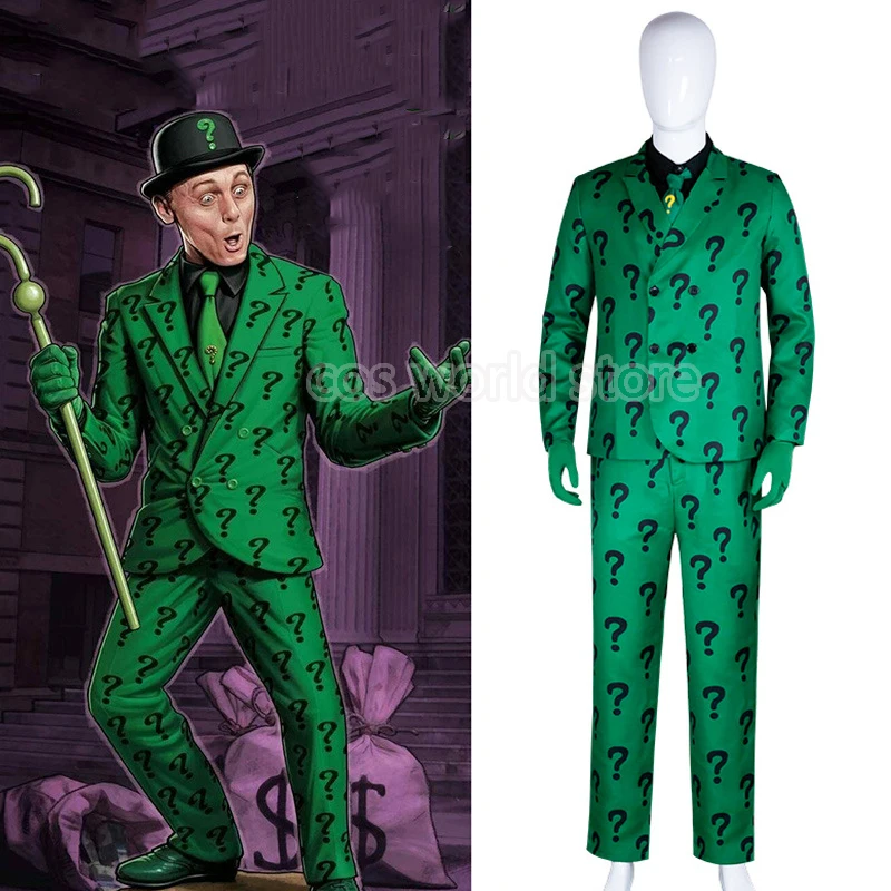 

The Riddler Edward Nygma Cosplay Green Question Mark Uniform Suit For Men Coat Shirt Pants Gloves Tie Outfit Carnival Party Suit