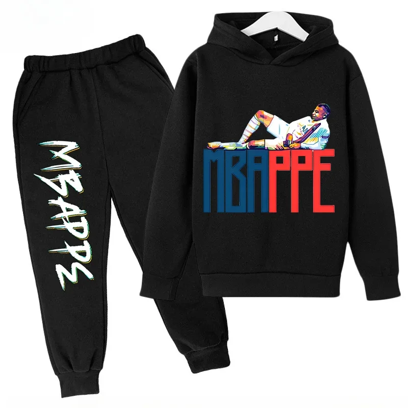 thumbnail image 1 of 2024 Traje deportivo para niños, primavera y otoño, sudadera con capucha, leggings, conjunto informal de 2 piezas para niños y niñas, ropa estampada de Mbappé para niños pequeños, 1 of 5