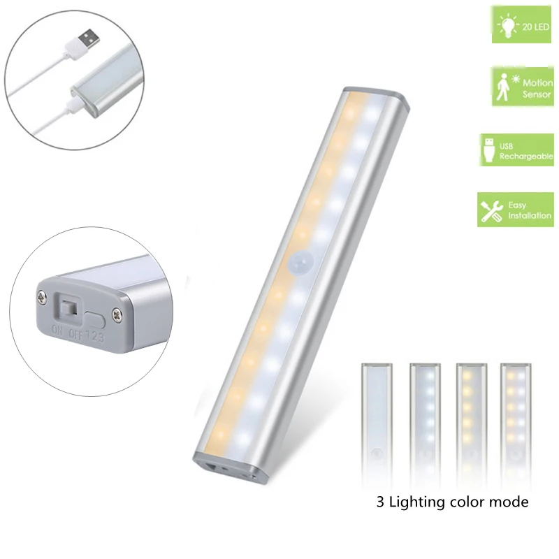 

3 Color Modes 20 LED Wireless PIR Motion Sensor Night Light Under Cabinet Light USB Rechargeable Magnetic Stick On Night Light