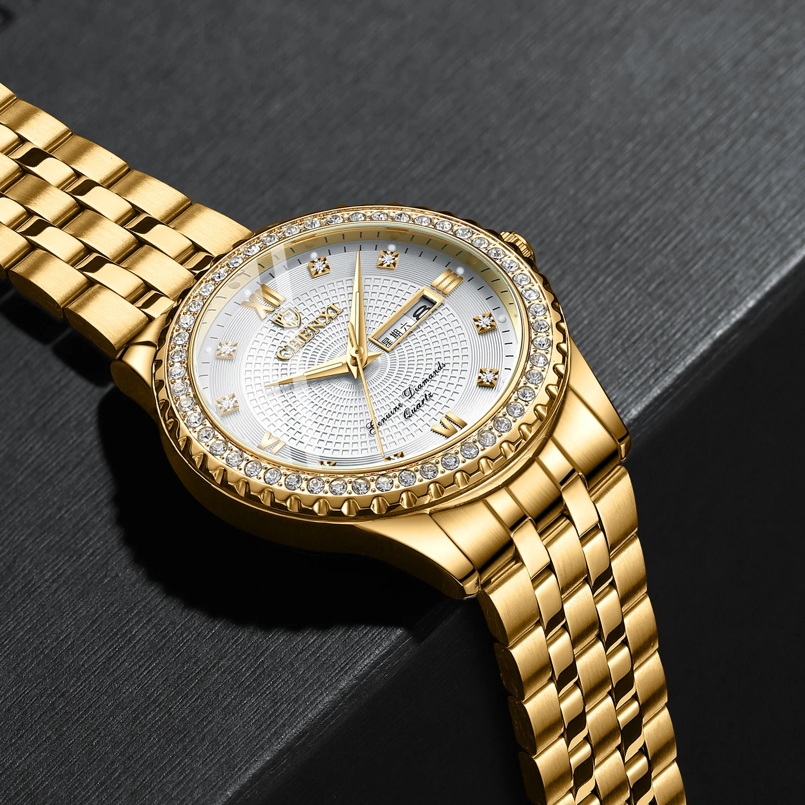 CHENXI 8215 Couple Quartz Watch Fashion Double Calendar Glow Diamond Luminous Golden Stainless Steel Wristwatch for Mens Women