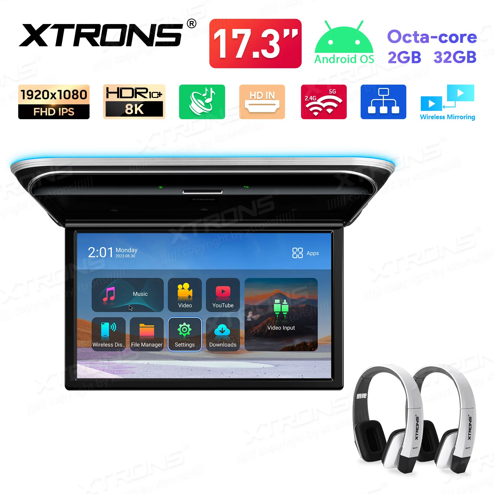 XTRONS 17.3" Android Monitor TV 1080P Video HD Digital IPS Wide Screen Ultra-thin Mounted Car Roof Player HDMI-Compatible FM USB