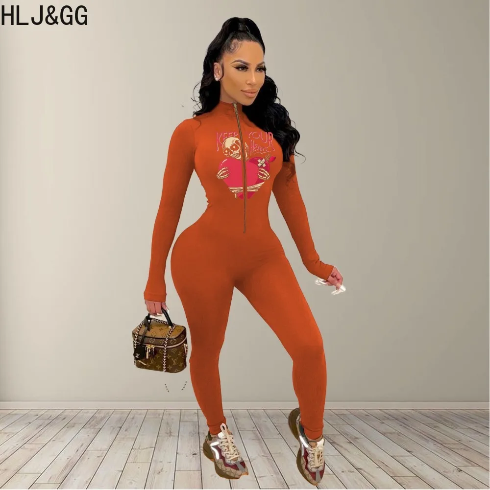 HLJ&GG Sexy Pattern Printing Bodycon Jumpsuits Women Zipper Long Sleeve Skinny Pants One Piece Playsuits Casual Sporty Overalls