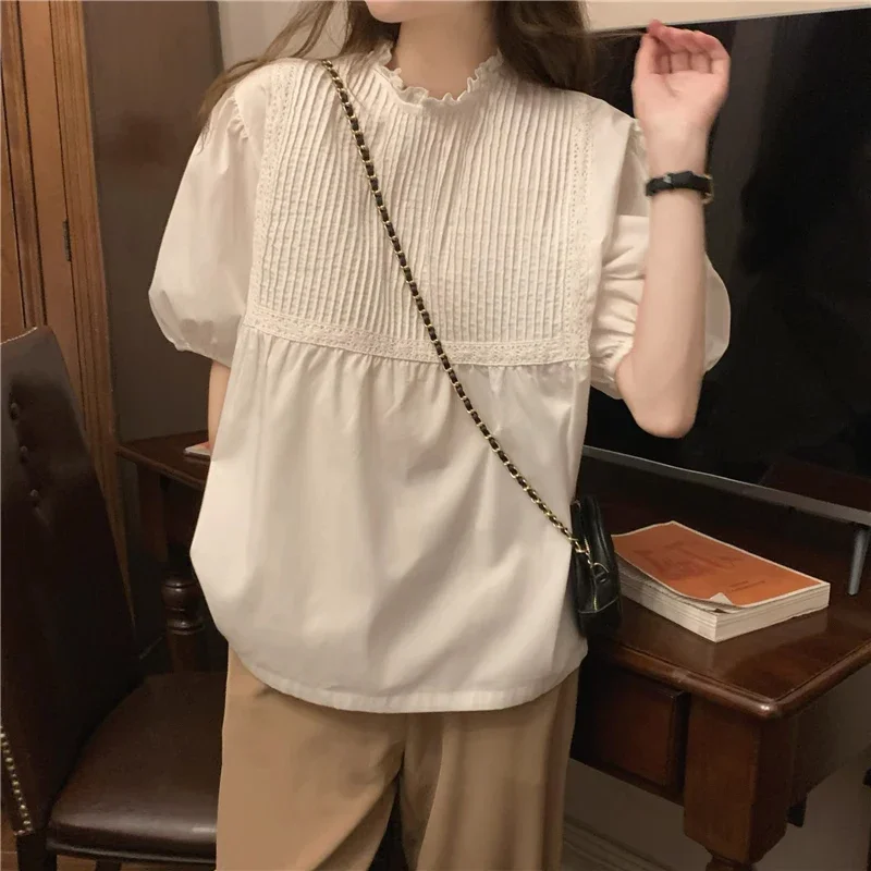 

Белая рубашка-топ, женская блузка во французском стиле с коротким рукавом, милая рубашка с пышными рукавами, однотонная Повседневная Свободная одежда с воротником-стойкой 27528