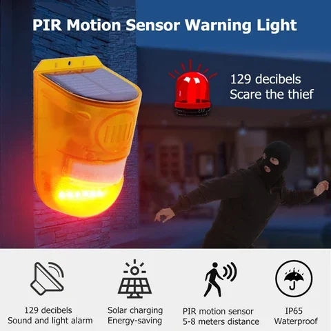 

Solar Security Light with Motion Sensor, Rechargeable LED, Home Emergency Light, PIR Warning Light, 129 Decibels Alert