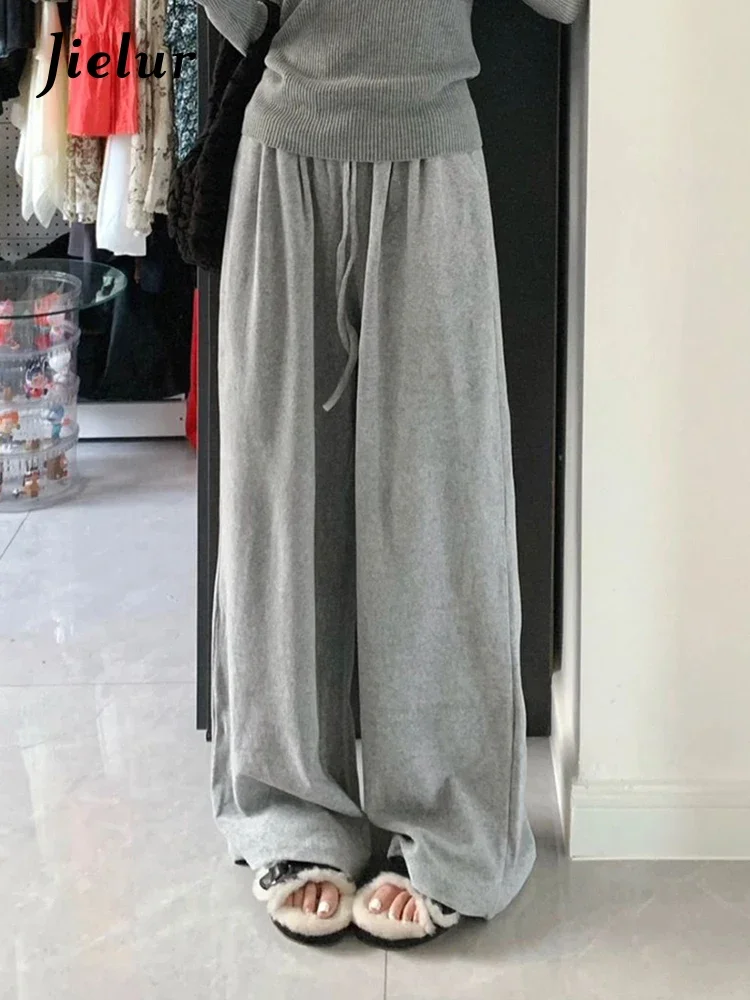 

Jielur Straight Full Length Grey Women's Pants Solid Color Casual Fashion Simple Loose Pockets Female Wide Leg Pants Office Lady
