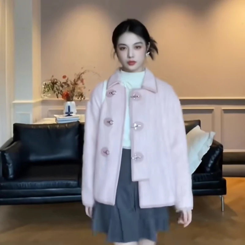 Fashion Sweet Cute Pink Long Woolen Lapel Women's Coat 2023 Autumn Winter French Style New Metal Buckle Cardigan Top
