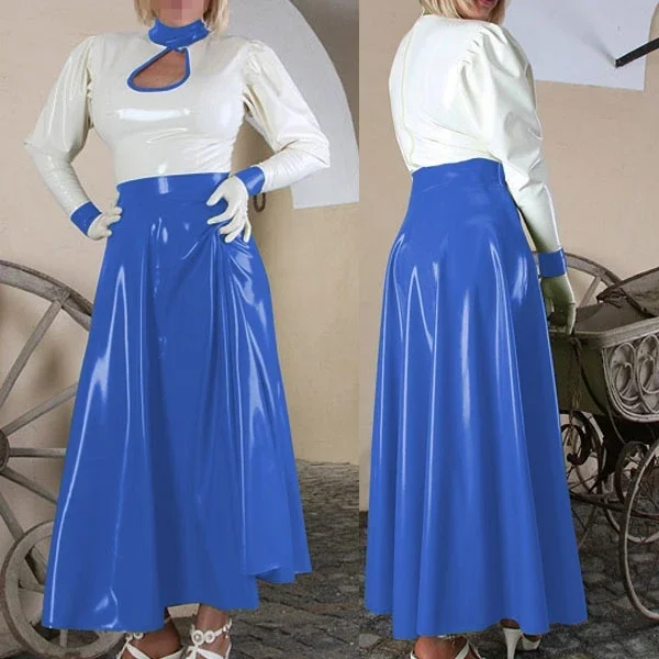 

New 100% Latex Rubber Skirts Set White Navy Blue Women Fashion Hip Dress Suit Cosplay