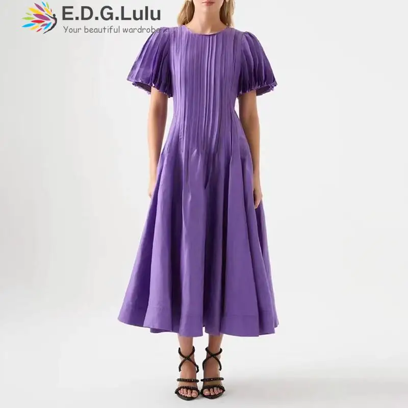 

EDGLuLu Korean Fashion O-neck Puff Sleeve Purple Summer Dress Women 2023 Design Fold Casual Elegant Loose Long Dress Vestidos