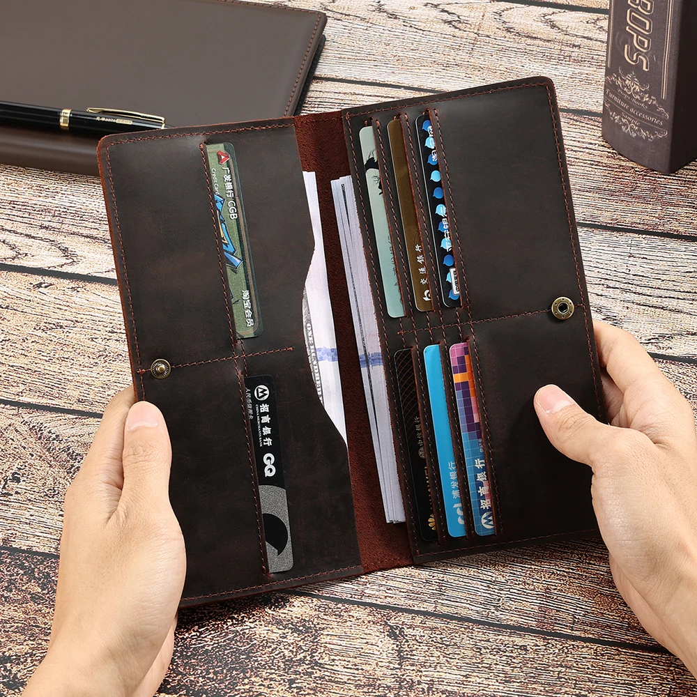 Crazy Horse Retro Men Wallet Long Simple and Thin Handheld Bag Men's Genuine Leather Multi Card Wallet New Style