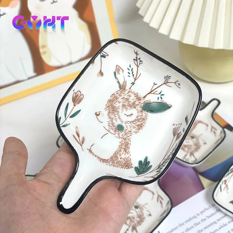 Forest Deer Dish with Handle Creative Sauce Bowl Ceramics Kitchen Snack Plate Cold Dish Snack Tableware Restaurant Dessert Plate