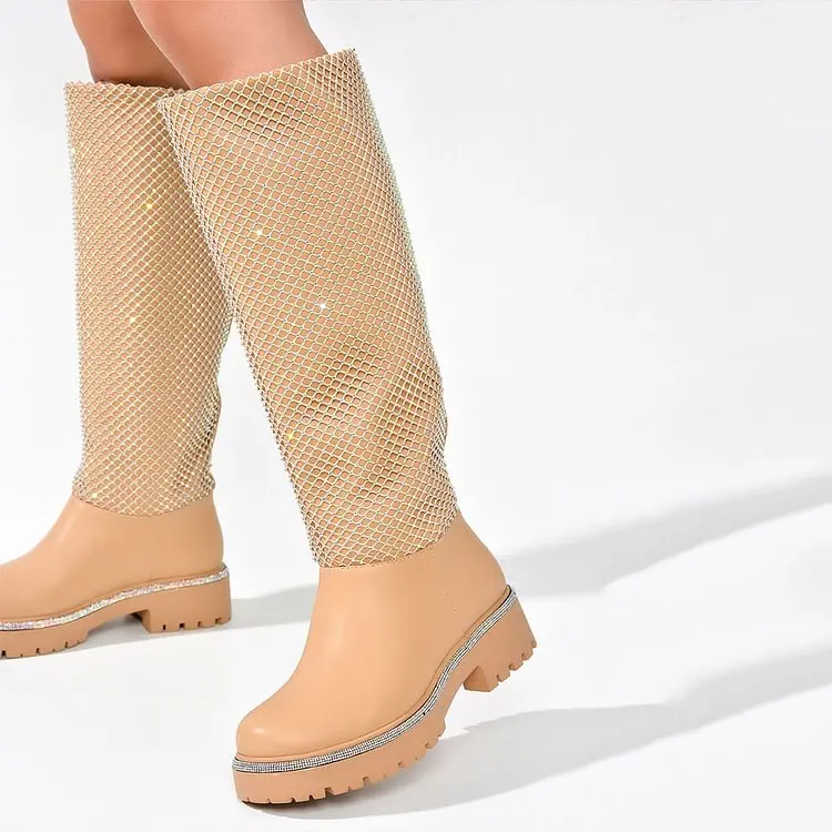 

Nude Round Toe Rhinestone Mesh Chunky Heel Knee High Boots