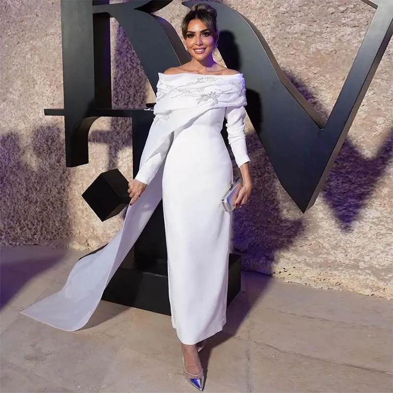 

White Sheath Ankle Length Evening Dresses Boat Neck Long Sleeve Formal Gown Beading Sequin Pleat Column Robe de Fiesta