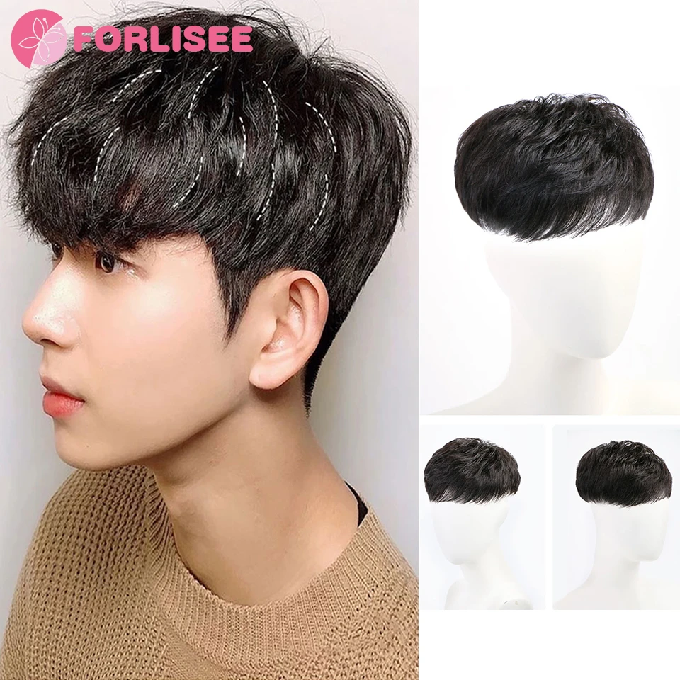 FORLISEE Wig Men's Short Hair Texture Perm Curly Hair Seamless Invisible Wig Piece Light Top Replacement Piece Full Head Bangs