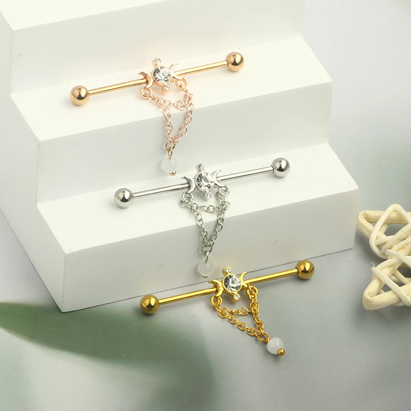 14G stainless Steel Straight Bar Body Piercing Jewelry Barbell Parts 38mm Bar Length dangle chain industrial earrings for women