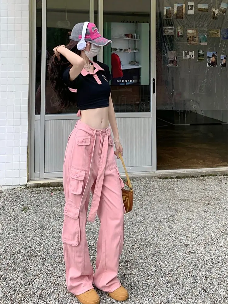 

STSVZORR Pink Cargo Pants Women's Retro High Waist Straight Tube Summer Wide Leg Pants Casual Pants