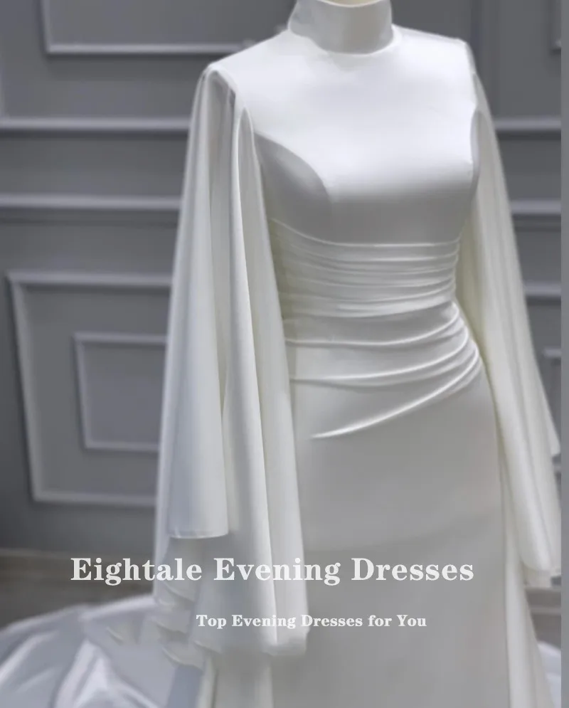 Eightale Muslim Wedding Dress High Neck Satin Customized White Ivory Arabic Bridal Gown Long Sleeves Vestido De Noiva 2