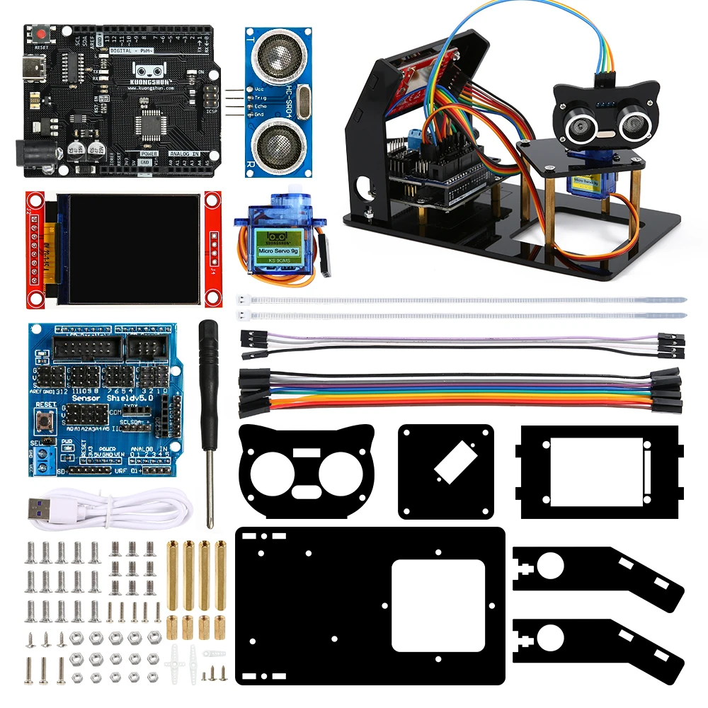 시뮬레이션 레이더 초음파 센서 DIY 로봇 공학 키트(R3, 1.8 TFT SPI 디스플레이, Arduino용 sg90 서보 포함)