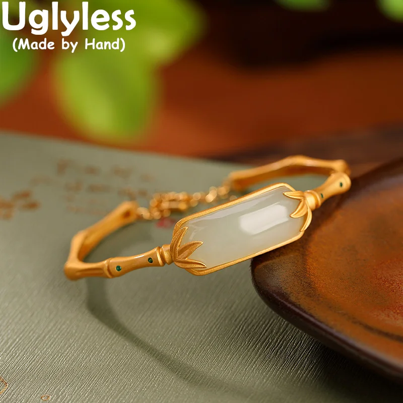 

Uglyless China Chic бамбуковый браслет для женщин Natural Hotan Jade браслеты с квадратным звеном Real 925 Стерлинговое Серебро драгоценности