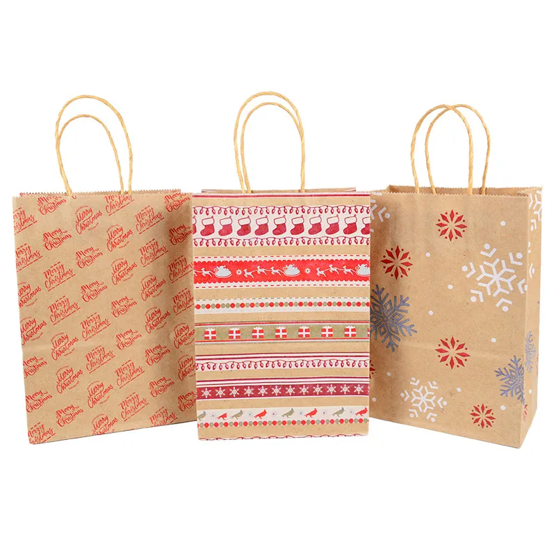 5 Stück Kraft-Geschenktüten mit Griff, Elch, Schneeflocke, Weihnachtsbaum, frohe Weihnachten, Gastgeschenke, Verpackungsbeutel, Navidad, Neujahr 2025 – Detail 4
