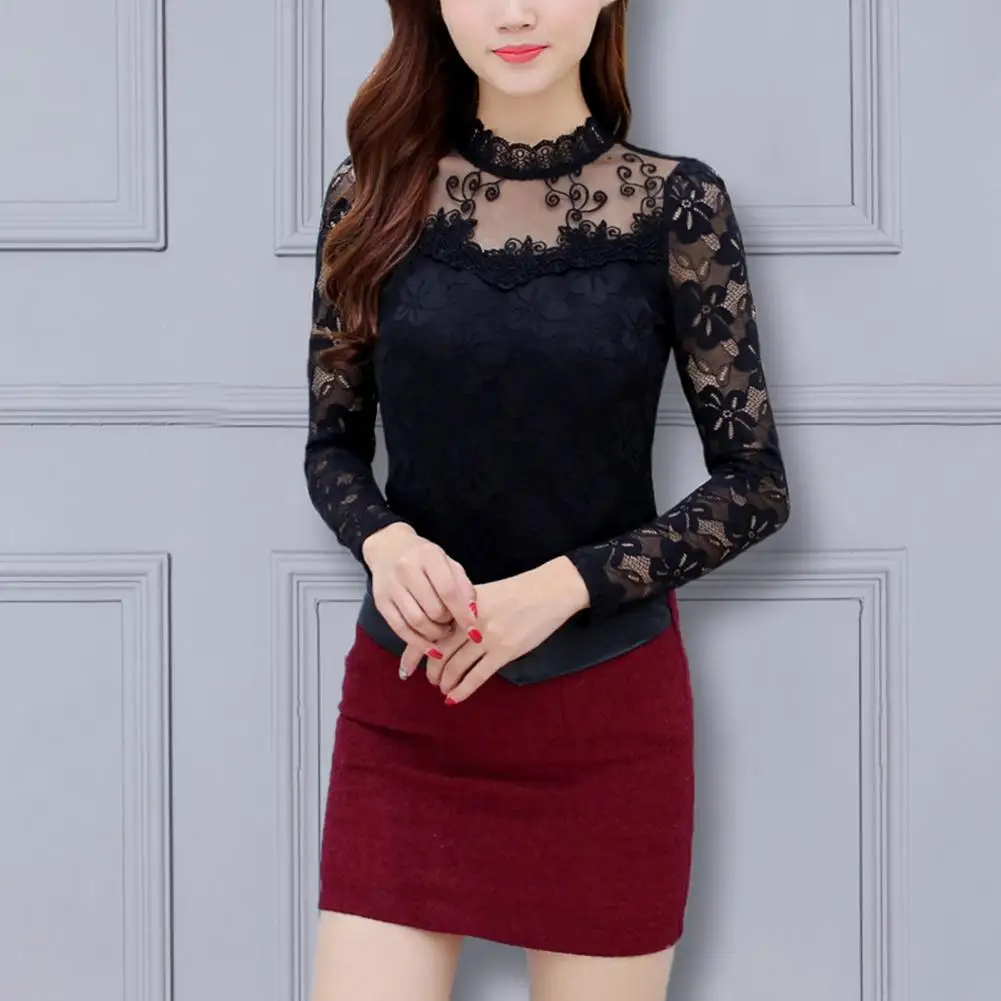 

Women Floral Lace Shirt Elegant Stand Collar Embroidery Lace Floral Pullover Tops for Women Slim Fit Mesh Yarn Tops with Long