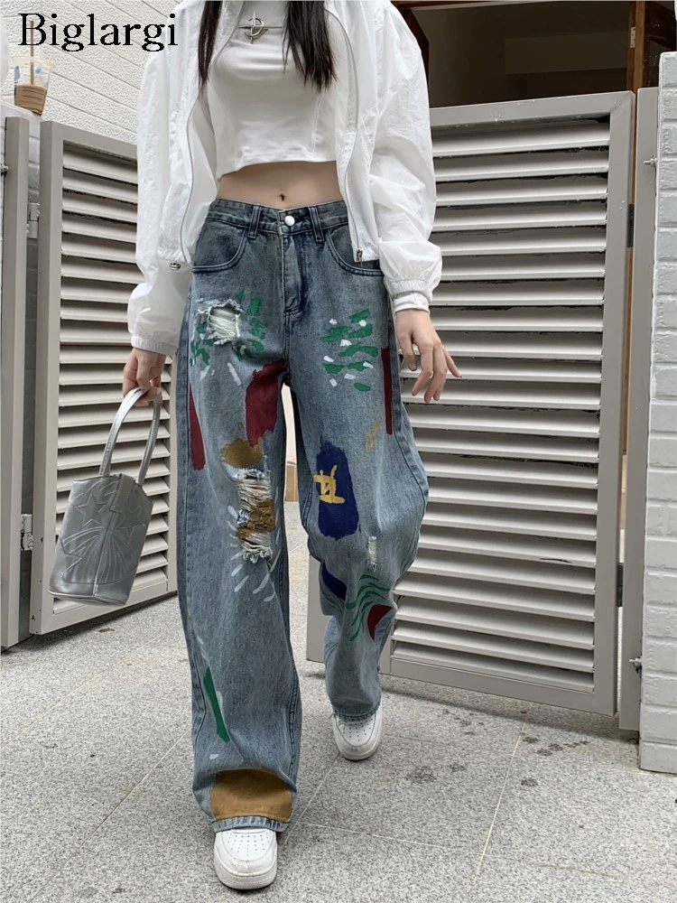 

Jeans High Waist Long Pant Women Casual Modis Irregular Graffiti Print Ladies Trousers Wide Leg Loose Pleated Korean Woman Pants