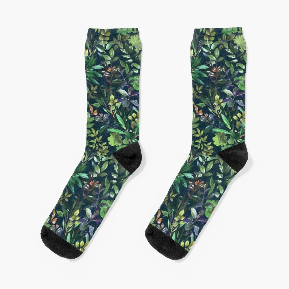 

Moody Leafy Botanical with Emerald Green and Indigo Socks Warm Women'S Socks