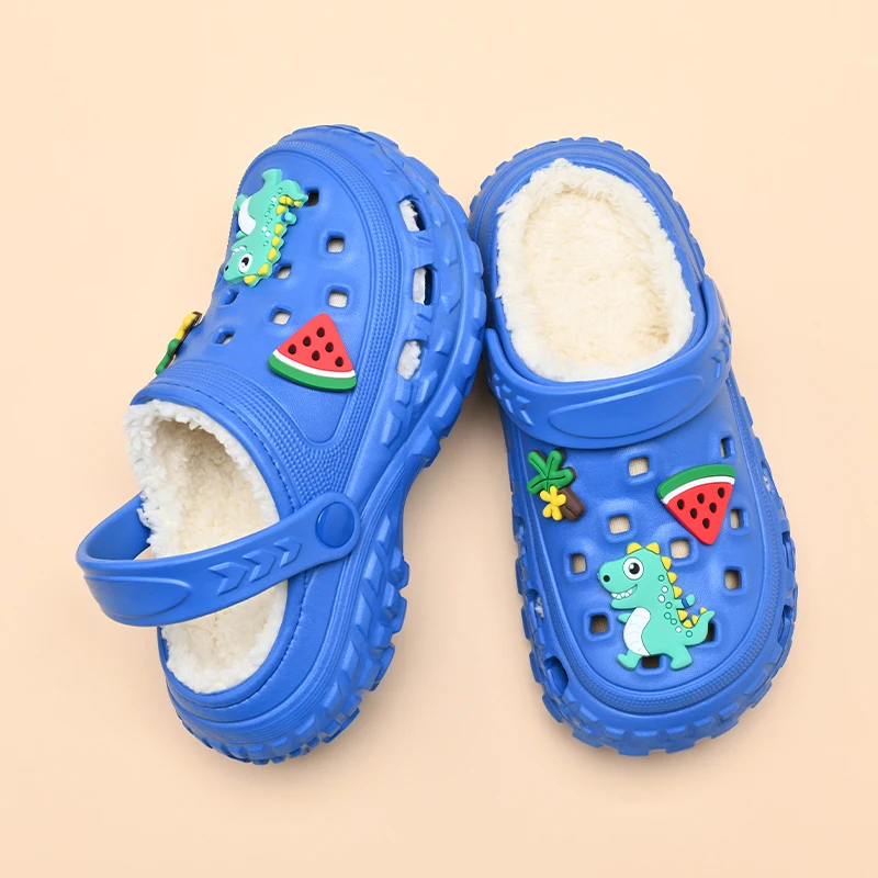 Cotton Shoes Kids Winter Plush Slippers Clogs Outdoor Garden Shoes Cute Cartoon Charms Boys Girls garden clogs shoes eva house slippers children rain boots