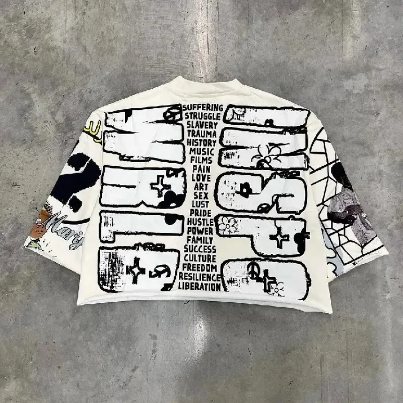 American Retro Style Vintage Cotton Top Harajuku Street Hip-hop Graphic Print Oversized T-shirt Goth Rock Casual Loose Men Top men women t shirt